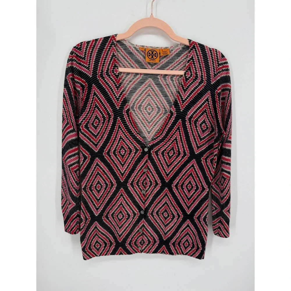 Tory Burch Cardigan Women Medium Red Black Geometric 100 Wool V-Neck Logo Button